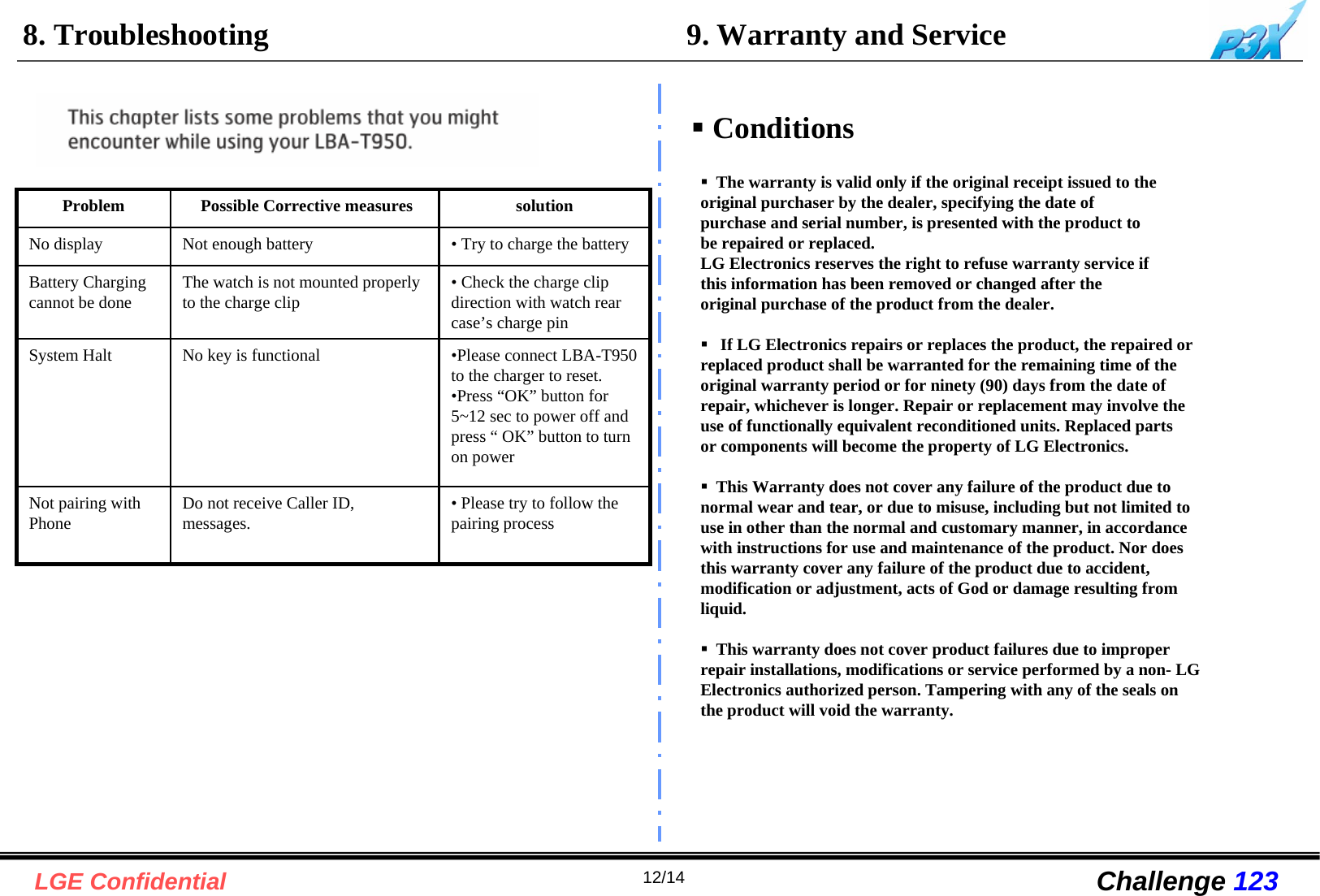 12/14LGE Confidential Challenge 1238. TroubleshootingProblem Possible Corrective measures solutionNo display Not enough battery •Try to charge the batteryBattery Charging cannot be done The watch is not mounted properly to the charge clip • Check the charge clip direction with watch rear case’s charge pin System Halt No key is functional •Please connect LBA-T950 to the charger to reset.•Press “OK” button for 5~12 sec to power off and press “ OK” button to turn on powerNot pairing with Phone Do not receive Caller ID, messages. • Please try to follow the pairing process9. Warranty and ServiceConditionsThe warranty is valid only if the original receipt issued to theoriginal purchaser by the dealer, specifying the date ofpurchase and serial number, is presented with the product to be repaired or replaced. LG Electronics reserves the right to refuse warranty service ifthis information has been removed or changed after theoriginal purchase of the product from the dealer.If LG Electronics repairs or replaces the product, the repaired or replaced product shall be warranted for the remaining time of the original warranty period or for ninety (90) days from the date of repair, whichever is longer. Repair or replacement may involve the use of functionally equivalent reconditioned units. Replaced parts or components will become the property of LG Electronics.This Warranty does not cover any failure of the product due to normal wear and tear, or due to misuse, including but not limited to use in other than the normal and customary manner, in accordancewith instructions for use and maintenance of the product. Nor does this warranty cover any failure of the product due to accident, modification or adjustment, acts of God or damage resulting fromliquid.This warranty does not cover product failures due to improper repair installations, modifications or service performed by a non- LG Electronics authorized person. Tampering with any of the seals on the product will void the warranty.