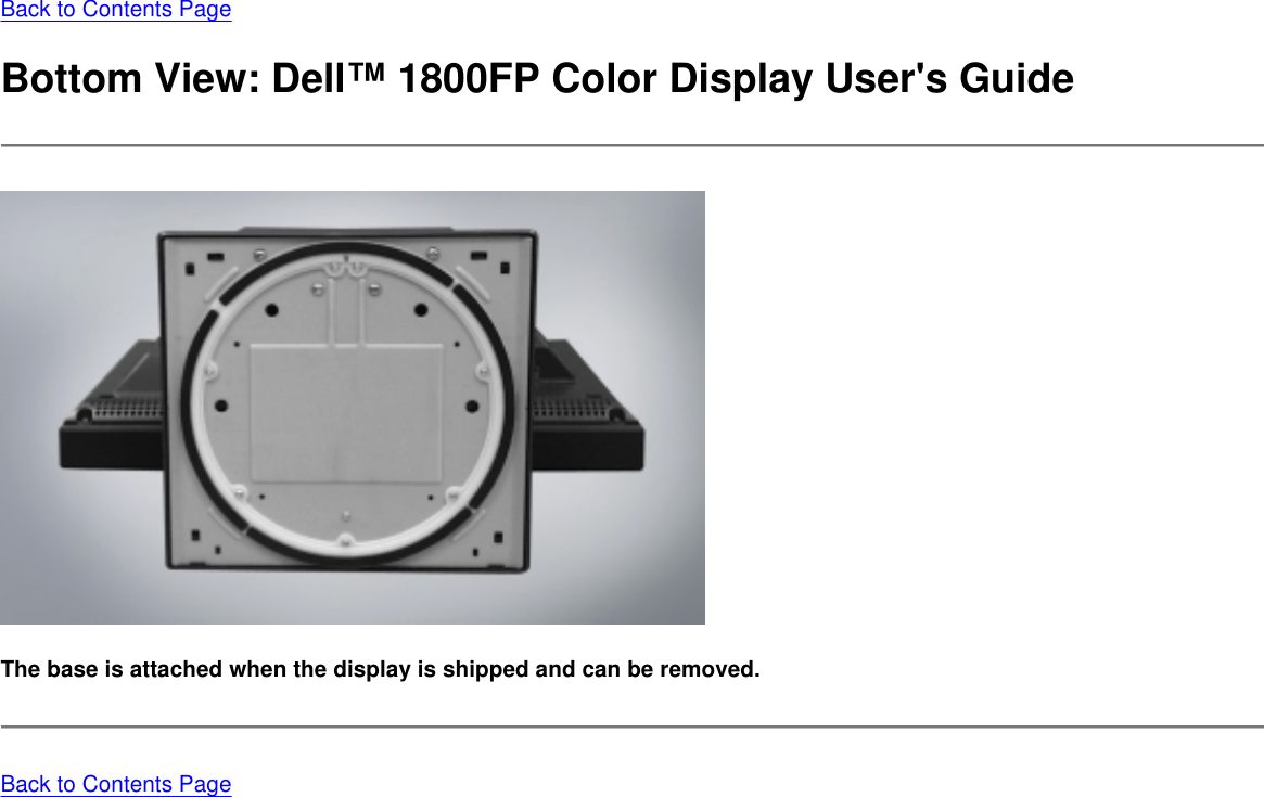 Back to Contents Page Bottom View: Dell™ 1800FP Color Display User&apos;s Guide  The base is attached when the display is shipped and can be removed. Back to Contents Page 