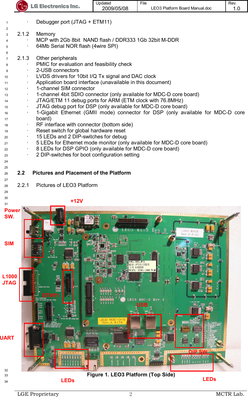  Updated 2009/05/08 File LEO3 Platform Board Manual.doc Rev. 1.0   LGE Proprietary  ２ MCTR Lab.  ·  Debugger port (JTAG + ETM11) 1  2 2.1.2  Memory 3 ·  MCP with 2Gb 8bit  NAND flash / DDR333 1Gb 32bit M-DDR 4 ·  64Mb Serial NOR flash (4wire SPI) 5  6 2.1.3  Other peripherals 7 ·  PMIC for evaluation and feasibility check 8 ·  2-USB connectors 9 ·  LVDS drivers for 10bit I/Q Tx signal and DAC clock 10 ·  Application board interface (unavailable in this document) 11 ·  1-channel SIM connector 12 ·  1-channel 4bit SDIO connector (only available for MDC-D core board) 13 ·  JTAG/ETM 11 debug ports for ARM (ETM clock with 76.8MHz) 14 ·  JTAG debug port for DSP (only available for MDC-D core board) 15 ·  1-Gigabit  Ethernet  (GMII  mode)  connector  for  DSP  (only  available  for  MDC-D  core 16 board) 17 ·  RF interface with connector (bottom side) 18 ·  Reset switch for global hardware reset 19 ·  15 LEDs and 2 DIP-switches for debug 20 ·  5 LEDs for Ethernet mode monitor (only available for MDC-D core board) 21 ·  8 LEDs for DSP GPIO (only available for MDC-D core board) 22 ·  2 DIP-switches for boot configuration setting 23  24  25 2.2  Pictures and Placement of the Platform 26  27 2.2.1  Pictures of LEO3 Platform  28  29  30  31  32 Figure 1. LEO3 Platform (Top Side) 33  34 +12V Power SW. SIM L1000 JTAG UART USB ETM11 LEDs DIP SW. LEDs 