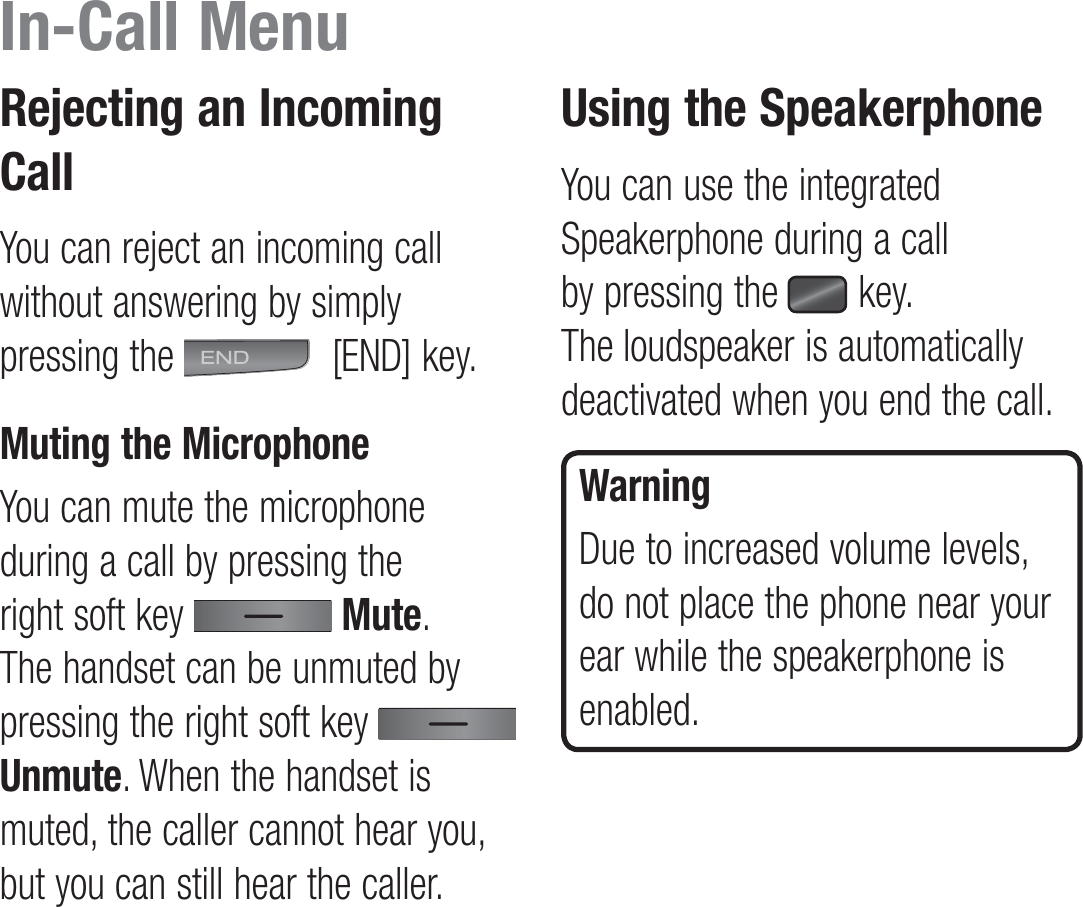 Rejecting an Incoming CallYou can reject an incoming call without answering by simply pressing the   [END] key.Muting the MicrophoneYou can mute the microphone during a call by pressing the right soft key   Mute. The handset can be unmuted by pressing the right soft key   Unmute. When the handset is muted, the caller cannot hear you, but you can still hear the caller.Using the SpeakerphoneYou can use the integrated Speakerphone during a call by pressing the   key. The loudspeaker is automatically deactivated when you end the call.WarningDue to increased volume levels, do not place the phone near your ear while the speakerphone is enabled.In-Call Menu