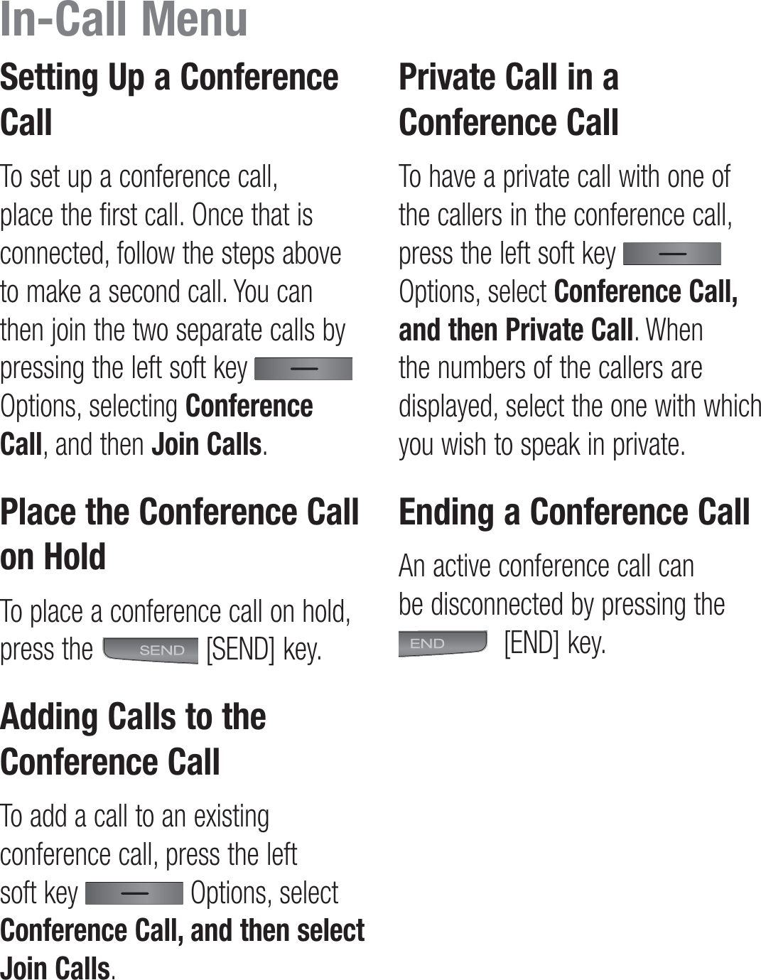 Setting Up a Conference CallTo set up a conference call, place the first call. Once that is connected, follow the steps above to make a second call. You can then join the two separate calls by pressing the left soft key   Options, selecting Conference Call, and then Join Calls.Place the Conference Call on HoldTo place a conference call on hold, press the   [SEND] key.Adding Calls to the Conference CallTo add a call to an existing conference call, press the left soft key   Options, select Conference Call, and then select Join Calls.Private Call in a Conference CallTo have a private call with one of the callers in the conference call, press the left soft key   Options, select Conference Call, and then Private Call. When the numbers of the callers are displayed, select the one with which you wish to speak in private.Ending a Conference CallAn active conference call can be disconnected by pressing the  [END] key.In-Call Menu