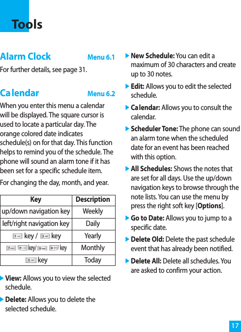 Alarm ClockMenu 6.1For further details, see page 31.CalendarMenu 6.2When you enter this menu a calendarwill be displayed. The square cursor isused to locate a particular day. Theorange colored date indicatesschedule(s) on for that day. This functionhelps to remind you of the schedule. Thephone will sound an alarm tone if it hasbeen set for a specific schedule item.For changing the day, month, and year.]View: Allows you to view the selectedschedule.]Delete: Allows you to delete theselected schedule.]New Schedule: You can edit amaximum of 30 characters and createup to 30 notes.]Edit: Allows you to edit the selectedschedule.]Calendar: Allows you to consult thecalendar.]Scheduler Tone: The phone can soundan alarm tone when the scheduleddate for an event has been reachedwith this option.]All Schedules: Shows the notes thatare set for all days. Use the up/downnavigation keys to browse through thenote lists. You can use the menu bypress the right soft key [Options].]Go to Date: Allows you to jump to aspecific date.]Delete Old: Delete the past scheduleevent that has already been notified.]Delete All: Delete all schedules. Youare asked to confirm your action.17ToolsKey Descriptionup/down navigation key Weeklyleft/right navigation key Dailykey / key Yearlykey/ keyMonthlykey Today