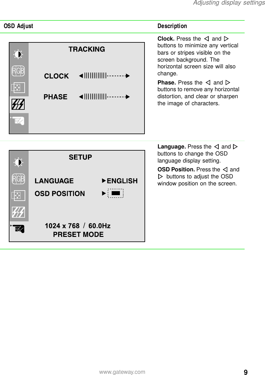 9Adjusting display settingswww.gateway.comClock. Press the andbuttons to minimize any verticalbars or stripes visible on thescreen background. Thehorizontal screen size will alsochange.Phase. Press the andbuttons to remove any horizontaldistortion,and clear or sharpenthe image of characters.Language. Press the andbuttons to change the OSDlanguage display setting.OSD Position. Press the andbuttons to adjust the OSDwindow position on the screen.OSD Adjust Description/