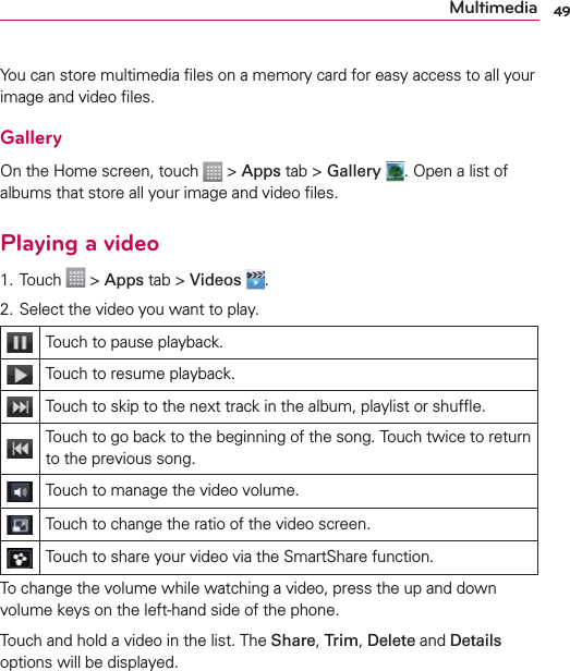 49MultimediaYou can store multimedia ﬁles on a memory card for easy access to all your image and video ﬁles.GalleryOn the Home screen, touch   &gt; Apps tab &gt; Gallery . Open a list of albums that store all your image and video ﬁles.Playing a video1. Touch   &gt; Apps tab &gt; Videos  .2. Select the video you want to play.Touch to pause playback.Touch to resume playback.Touch to skip to the next track in the album, playlist or shufﬂe.Touch to go back to the beginning of the song. Touch twice to return to the previous song.Touch to manage the video volume.Touch to change the ratio of the video screen.Touch to share your video via the SmartShare function.To change the volume while watching a video, press the up and down volume keys on the left-hand side of the phone.Touch and hold a video in the list. The Share, Trim, Delete and Details options will be displayed.