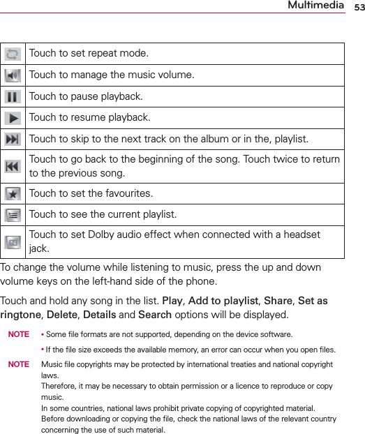 53MultimediaTouch to set repeat mode.Touch to manage the music volume.Touch to pause playback.Touch to resume playback.Touch to skip to the next track on the album or in the, playlist.Touch to go back to the beginning of the song. Touch twice to return to the previous song.Touch to set the favourites.Touch to see the current playlist.Touch to set Dolby audio effect when connected with a headset jack.To change the volume while listening to music, press the up and down volume keys on the left-hand side of the phone.Touch and hold any song in the list. Play, Add to playlist, Share, Set as ringtone, Delete, Details and Search options will be displayed. NOTE   Some ﬁle formats are not supported, depending on the device software.       If the ﬁle size exceeds the available memory, an error can occur when you open ﬁles.  NOTE  Music ﬁle copyrights may be protected by international treaties and national copyright laws.Therefore, it may be necessary to obtain permission or a licence to reproduce or copy music. In some countries, national laws prohibit private copying of copyrighted material. Before downloading or copying the ﬁle, check the national laws of the relevant country concerning the use of such material.