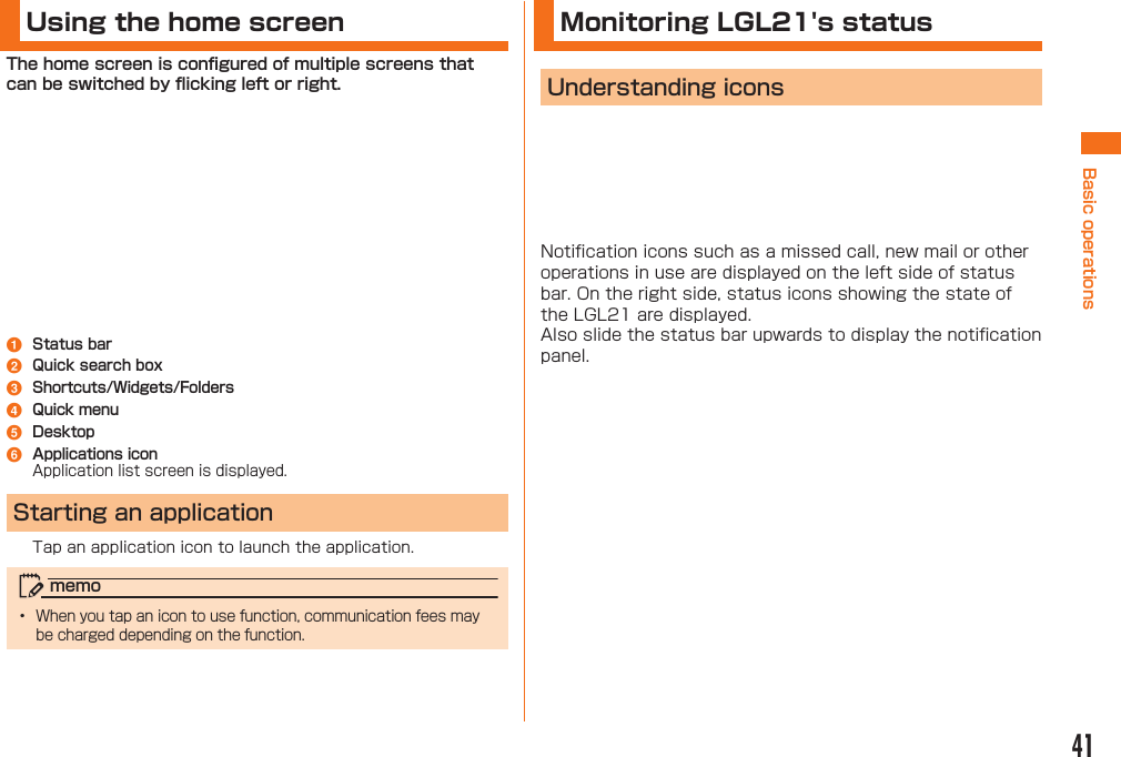 41Using the home screena b c d e f  Monitoring LGL21&apos;s status