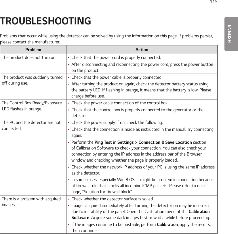 ENGLISH115TROUBLESHOOTINGProblems that occur while using the detector can be solved by using the information on this page. If problems persist, please contact the manufacturer.Problem ActionThe product does not turn on.  •Check that the power cord is properly connected. •After disconnecting and reconnecting the power cord, press the power button on the product.The product was suddenly turned off during use. •Check that the power cable is properly connected. •After turning the product on again, check the detector battery status using the battery LED. If flashing in orange, it means that the battery is low. Please charge before use.The Control Box Ready/Exposure LED flashes in orange. •Check the power cable connection of the control box. •Check that the control box is properly connected to the generator or the detector.The PC and the detector are not connected. •Check the power supply. If on, check the following: •Check that the connection is made as instructed in the manual. Try connecting again. •Perform the Ping Test in Settings &gt; Connection &amp; Save Location section of Calibration Software to check your connection. You can also check your connection by entering the IP address in the address bar of the Browser window and checking whether the page is properly loaded. •Check whether the network IP address of your PC is using the same IP address as the detector. •In some cases, especially Win 8 OS, it might be problem in connection because of firewall rule that blocks all incoming ICMP packets. Please refet to next page, &quot;Solution for firewall block&quot;.There is a problem with acquired images. •Check whether the detector surface is soiled. •Images acquired immediately after turning the detector on may be incorrect due to instability of the panel. Open the Calibration menu of the Calibration Software. Acquire some dark images first or wait a while before proceeding. •If the images continue to be unstable, perform Calibration, apply the results, then continue.