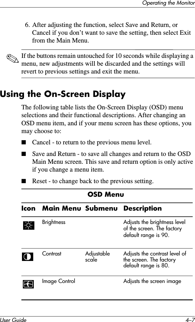 Operating the MonitorUser Guide 4–76. After adjusting the function, select Save and Return, or Cancel if you don’t want to save the setting, then select Exit from the Main Menu.✎If the buttons remain untouched for 10 seconds while displaying a menu, new adjustments will be discarded and the settings will revert to previous settings and exit the menu.Using the On-Screen Display The following table lists the On-Screen Display (OSD) menu selections and their functional descriptions. After changing an OSD menu item, and if your menu screen has these options, you may choose to:■Cancel - to return to the previous menu level.■Save and Return - to save all changes and return to the OSD Main Menu screen. This save and return option is only active if you change a menu item.■Reset - to change back to the previous setting.OSD MenuIcon Main Menu Submenu DescriptionBrightness Adjusts the brightness level of the screen. The factory default range is 90.Contrast Adjustable scaleAdjusts the contrast level of the screen. The factory default range is 80.Image Control Adjusts the screen image