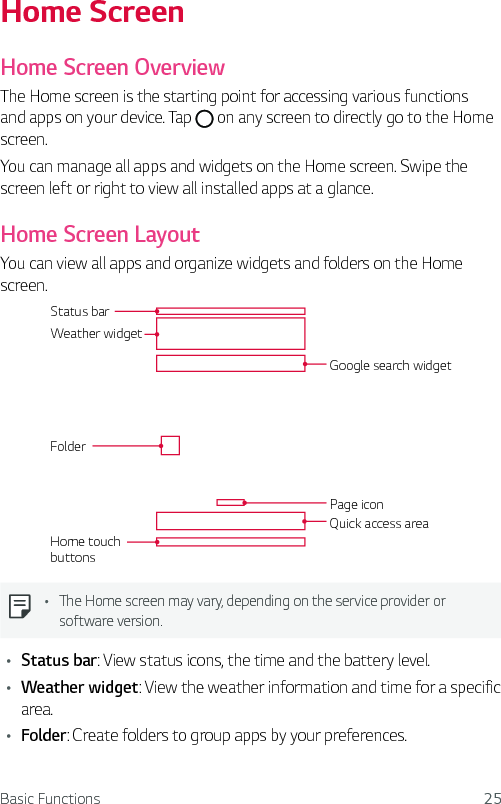 Basic Functions 25Home ScreenHome Screen OverviewThe Home screen is the starting point for accessing various functions and apps on your device. Tap   on any screen to directly go to the Home screen.You can manage all apps and widgets on the Home screen. Swipe the screen left or right to view all installed apps at a glance.Home Screen LayoutYou can view all apps and organize widgets and folders on the Home screen.FolderStatus barWeather widgetGoogle search widgetPage iconHome touch buttonsQuick access areaŢ The Home screen may vary, depending on the service provider or software version.Ţ Status bar: View status icons, the time and the battery level.Ţ Weather widget: View the weather information and time for a specific area.Ţ Folder: Create folders to group apps by your preferences.