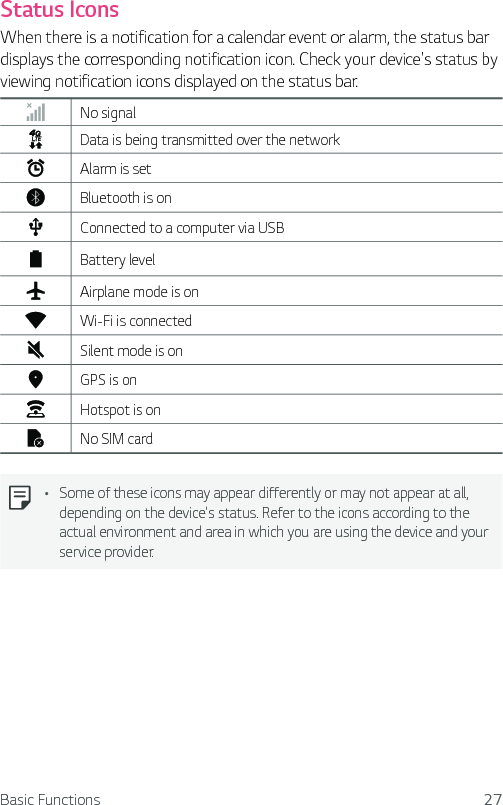 Basic Functions 27Status IconsWhen there is a notification for a calendar event or alarm, the status bar displays the corresponding notification icon. Check your device&apos;s status by viewing notification icons displayed on the status bar.No signalData is being transmitted over the networkAlarm is setBluetooth is onConnected to a computer via USBBattery levelAirplane mode is onWi-Fi is connectedSilent mode is onGPS is onHotspot is onNo SIM cardŢ Some of these icons may appear differently or may not appear at all, depending on the device&apos;s status. Refer to the icons according to the actual environment and area in which you are using the device and your service provider.