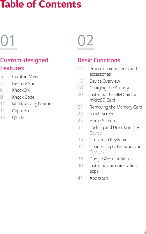 3Table of Contents01Custom-designed Features6 Comfort View7 Gesture Shot8 KnockON9 Knock Code10 Multi-tasking Feature11 Capture+12 QSlide02Basic Functions14  Product components and accessories15 Device Overview18  Charging the Battery20  Installing the SIM Card or microSD Card 21  Removing the Memory Card22 Touch Screen25 Home Screen32  Locking and Unlocking the Device33 On-screen Keyboard34  Connecting to Networks and Devices39  Google Account Setup40  Installing and uninstalling apps41 App trash