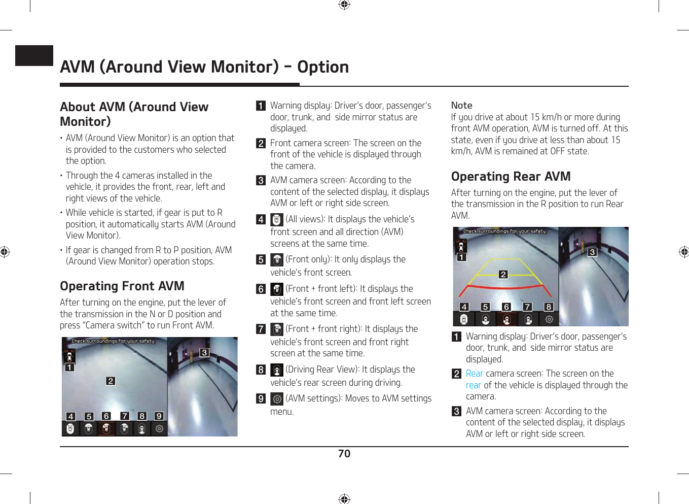 70AVM (Around View Monitor) - OptionAbout AVM (Around View Monitor)䳜 AVM (Around View Monitor) is an option that is provided to the customers who selected the option.䳜 Through the 4 cameras installed in the vehicle, it provides the front, rear, left and right views of the vehicle.䳜 While vehicle is started, if gear is put to R position, it automatically starts AVM (Around View Monitor).䳜 If gear is changed from R to P position, AVM (Around View Monitor) operation stops.Operating Front AVMAfter turning on the engine, put the lever of the transmission in the N or D position and press 䳖Camera switch䳗 to run Front AVM.ddeeffgghhaabbcciia Warning display: Driver䳓s door, passenger䳓s door, trunk, and  side mirror status are displayed.b  Front camera screen: The screen on the front of the vehicle is displayed through the camera.c  AVM camera screen: According to the content of the selected display, it displays AVM or left or right side screen.d  (All views): It displays the vehicle䳓s front screen and all direction (AVM) screens at the same time.e  (Front only): It only displays the vehicle䳓s front screen.f  (Front + front left): It displays the vehicle䳓s front screen and front left screen at the same time.g  (Front + front right): It displays the vehicle䳓s front screen and front right screen at the same time.h  (Driving Rear View): It displays the vehicle䳓s rear screen during driving.i  (AVM settings): Moves to AVM settings menu.NoteIf you drive at about 15 km/h or more during front AVM operation, AVM is turned off. At this state, even if you drive at less than about 15 km/h, AVM is remained at OFF state.Operating Rear AVMAfter turning on the engine, put the lever of the transmission in the R position to run Rear AVM.ddeeffgghhaabbcca Warning display: Driver䳓s door, passenger䳓s door, trunk, and  side mirror status are displayed.b Rear camera screen: The screen on the rear of the vehicle is displayed through the camera.c AVM camera screen: According to the content of the selected display, it displays AVM or left or right side screen.AVM (Around View Monitor) - Option