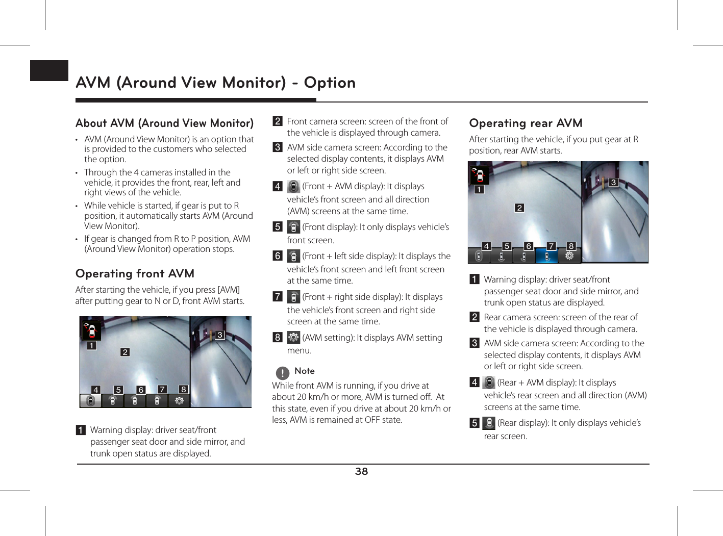 38ENGAVM (Around View Monitor) - OptionAVM (Around View Monitor) - OptionAbout AVM (Around View Monitor) • AVM (Around View Monitor) is an option that is provided to the customers who selected the option. • Through the 4 cameras installed in the vehicle, it provides the front, rear, left and right views of the vehicle.• While vehicle is started, if gear is put to R position, it automatically starts AVM (Around View Monitor).• If gear is changed from R to P position, AVM (Around View Monitor) operation stops. Operating front AVM After starting the vehicle, if you press [AVM] after putting gear to N or D, front AVM starts. a  Warning display: driver seat/front passenger seat door and side mirror, and trunk open status are displayed.b  Front camera screen: screen of the front of the vehicle is displayed through camera. c  AVM side camera screen: According to the selected display contents, it displays AVM or left or right side screen.d   (Front + AVM display): It displays vehicle’s front screen and all direction (AVM) screens at the same time.e   (Front display): It only displays vehicle’s front screen.f  (Front + left side display): It displays the vehicle’s front screen and left front screen at the same time.g   (Front + right side display): It displays the vehicle’s front screen and right side screen at the same time.h   (AVM setting): It displays AVM setting menu.  , NoteWhile front AVM is running, if you drive at about 20 km/h or more, AVM is turned o.  At this state, even if you drive at about 20 km/h or less, AVM is remained at OFF state. Operating rear AVM After starting the vehicle, if you put gear at R position, rear AVM starts. a  Warning display: driver seat/front passenger seat door and side mirror, and trunk open status are displayed.b  Rear camera screen: screen of the rear of the vehicle is displayed through camera.c  AVM side camera screen: According to the selected display contents, it displays AVM or left or right side screen.d   (Rear + AVM display): It displays vehicle’s rear screen and all direction (AVM) screens at the same time.e   (Rear display): It only displays vehicle’s rear screen.d e f g habcd e f g habc