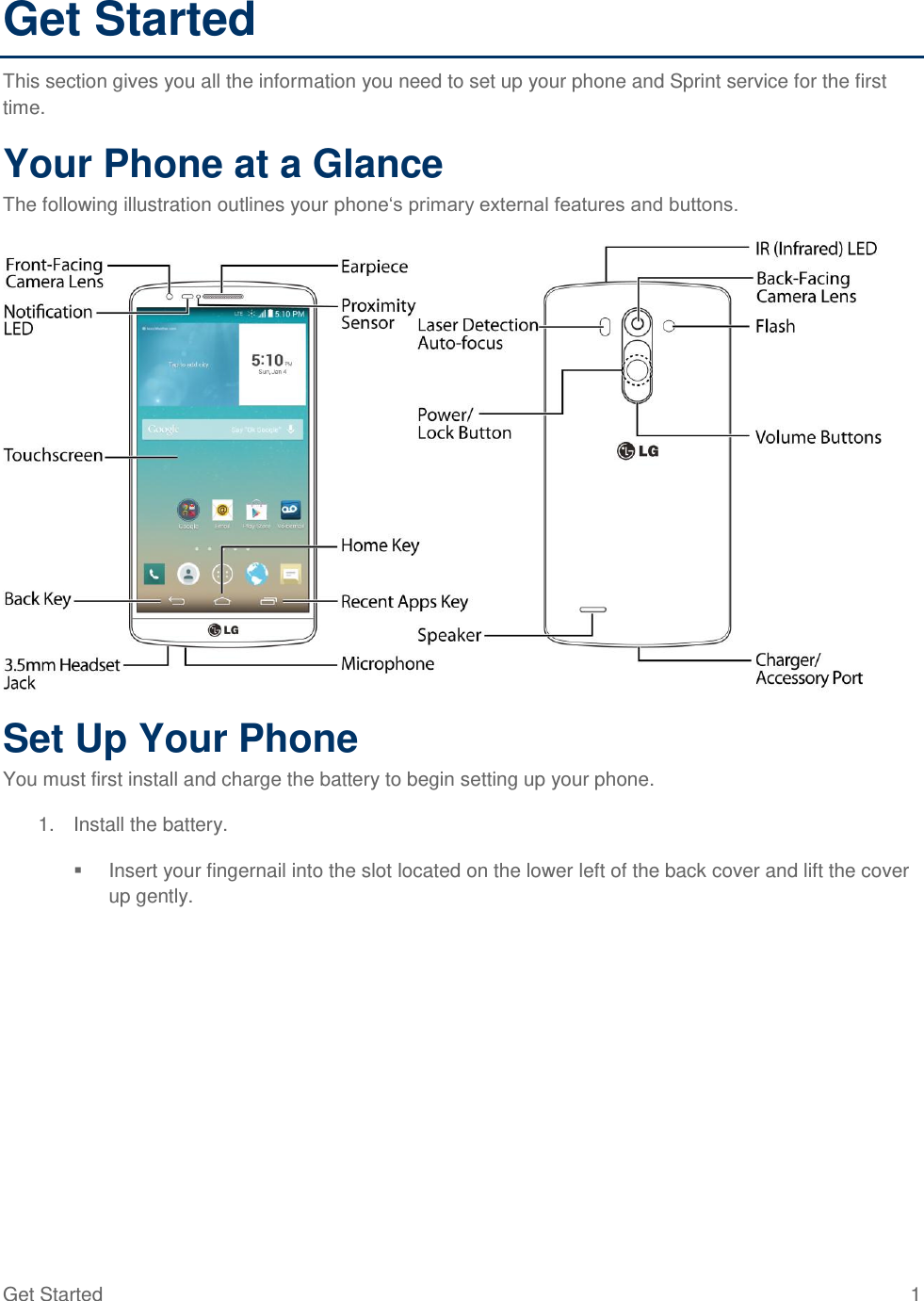 Get Started  1 Get Started This section gives you all the information you need to set up your phone and Sprint service for the first time. Your Phone at a Glance The following illustration outlines your phone‗s primary external features and buttons.  Set Up Your Phone You must first install and charge the battery to begin setting up your phone. 1.  Install the battery.   Insert your fingernail into the slot located on the lower left of the back cover and lift the cover up gently. 