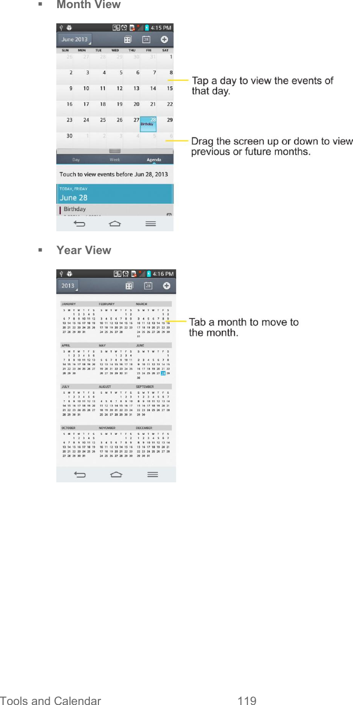  Tools and Calendar  119    Month View   Year View     