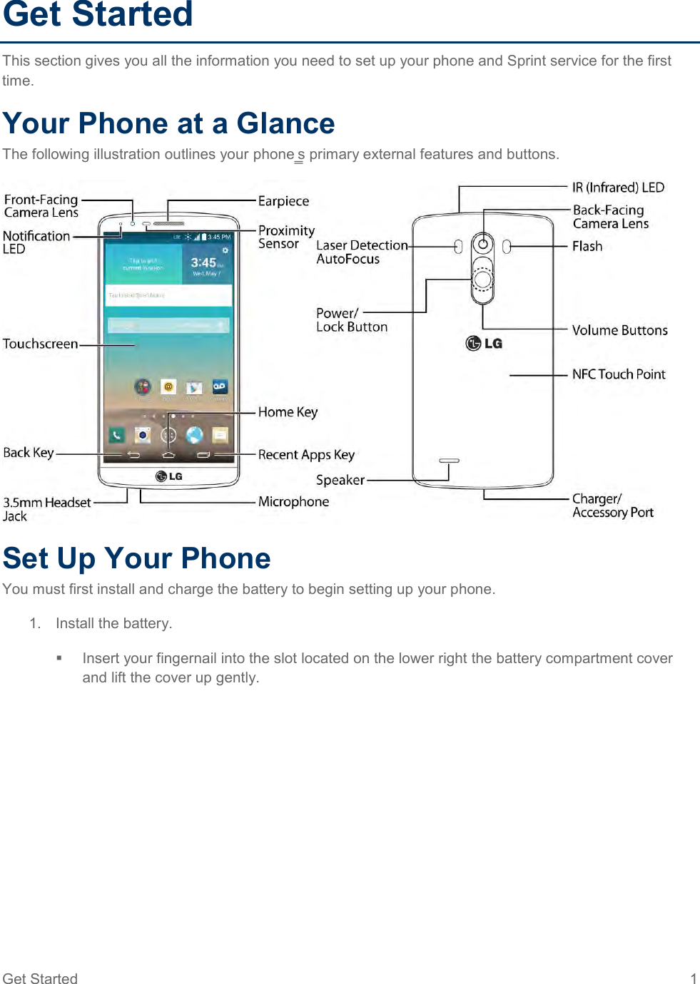 Get Started  1 Get Started This section gives you all the information you need to set up your phone and Sprint service for the first time. Your Phone at a Glance The following illustration outlines your phone‗s primary external features and buttons.  Set Up Your Phone You must first install and charge the battery to begin setting up your phone. 1.  Install the battery.   Insert your fingernail into the slot located on the lower right the battery compartment cover and lift the cover up gently. 