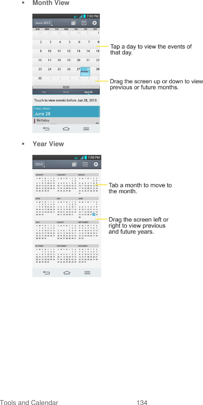 Tools and Calendar  134    Month View   Year View     