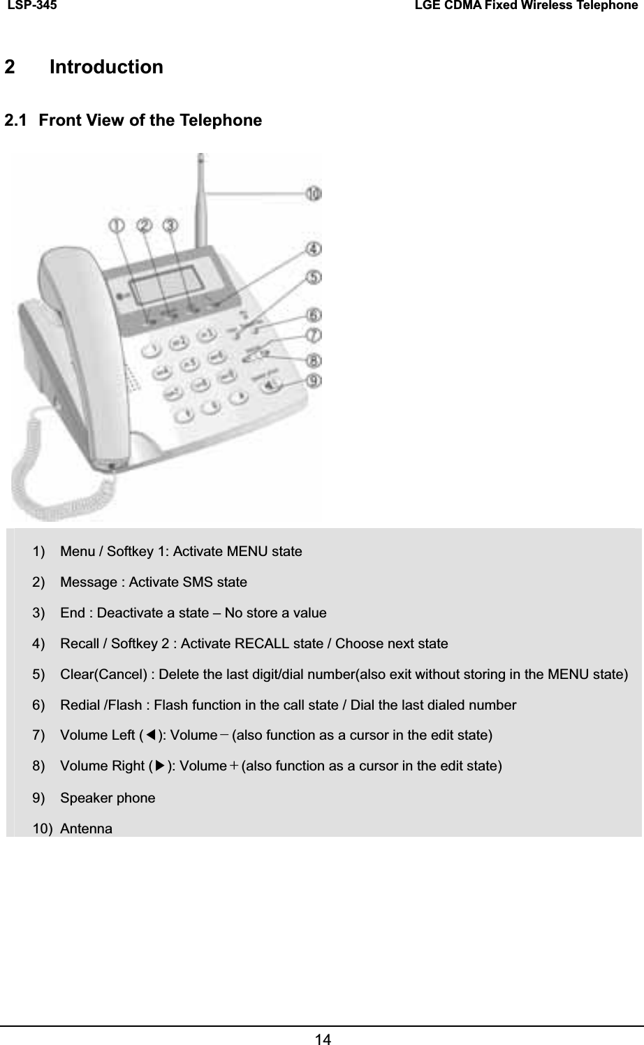LSP-345  LGE CDMA Fixed Wireless Telephone142 Introduction 2.1  Front View of the Telephone 1)  Menu / Softkey 1: Activate MENU state       2)  Message : Activate SMS state 3)  End : Deactivate a state – No store a value     4)  Recall / Softkey 2 : Activate RECALL state / Choose next state 5)  Clear(Cancel) : Delete the last digit/dial number(also exit without storing in the MENU state) 6)  Redial /Flash : Flash function in the call state / Dial the last dialed number 7)  Volume Left (ൖ): Volume୉(also function as a cursor in the edit state) 8)  Volume Right (൘): Volumeେ(also function as a cursor in the edit state) 9) Speaker phone  10) Antenna 