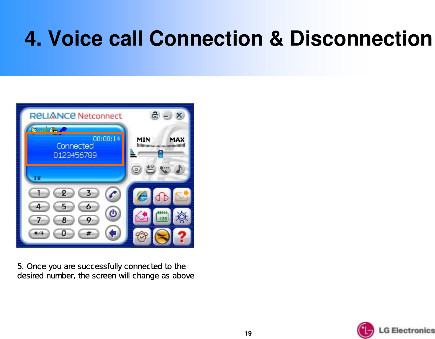 194. Voice call Connection &amp; Disconnection5. Once you are successfully connected to the desired number, the screen will change as above