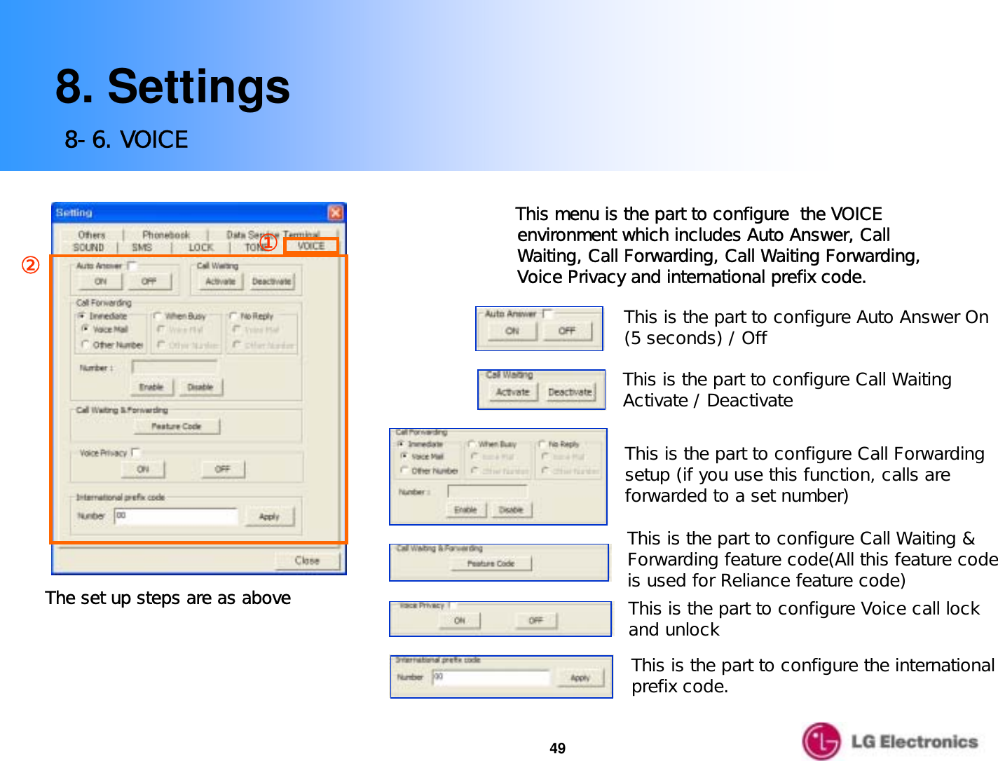 498. Settings8-6. VOICE①②The set up steps are as aboveThis is the part to configure Auto Answer On (5 seconds) / OffThis is the part to configure Call Waiting Activate / DeactivateThis is the part to configure Voice call lockand unlockThis is the part to configure Call Forwarding setup (if you use this function, calls are forwarded to a set number)This menu is the part to configure  the VOICE  environment which includes Auto Answer, Call Waiting, Call Forwarding, Call Waiting Forwarding, Voice Privacy and international prefix code.This is the part to configure Call Waiting &amp; Forwarding feature code(All this feature code is used for Reliance feature code)This is the part to configure the international prefix code.