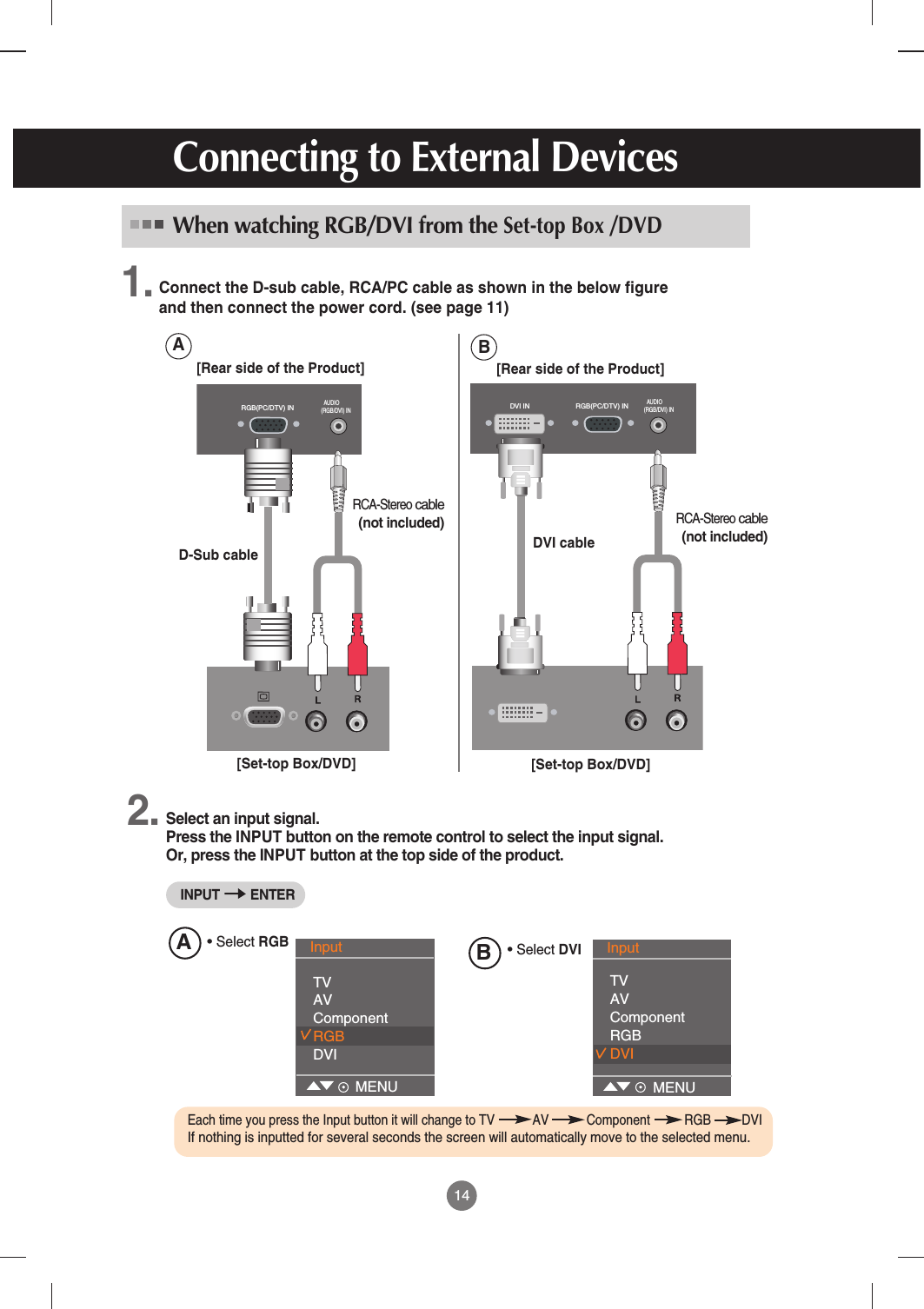 14Connecting to External DevicesConnect the D-sub cable, RCA/PC cable as shown in the below figure and then connect the power cord. (see page 11)RGB(PC/DTV) IN  AUDIO(RGB/DVI) IN[Rear side of the Product][Set-top Box/DVD]D-Sub cableRCA-Stereocable(not included)When watching RGB/DVI from the Set-top Box /DVDSelect an input signal.Press the INPUT button on the remote control to select the input signal. Or, press the INPUT button at the top side of the product.2.1.RGB(PC/DTV) INDVI IN  AUDIO(RGB/DVI) IN[Rear side of the Product][Set-top Box/DVD]DVI cableRCA-Stereocable(not included)BAEach time you press the Input button it will change to TV           AV           Component          RGB         DVIIf nothing is inputted for several seconds the screen will automatically move to the selected menu. • Select RGBInput TVAVComponentRGBDVIMENUAB• Select DVIInput TVAVComponentRGBDVIMENUINPUT ENTER