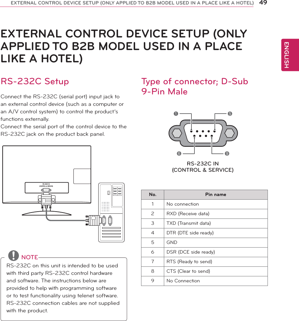 ENGLISH49EXTERNAL CONTROL DEVICE SETUP (ONLY APPLIED TO B2B MODEL USED IN A PLACE LIKE A HOTEL)  NOTERS-232C on this unit is intended to be used with third party RS-232C control hardware and software. The instructions below are provided to help with programming software or to test functionality using telenet software. RS-232C connection cables are not supplied with the product.EXTERNAL CONTROL DEVICE SETUP (ONLY APPLIED TO B2B MODEL USED IN A PLACE LIKE A HOTEL) RS-232C SetupConnect the RS-232C (serial port) input jack to an external control device (such as a computer or an A/V control system) to control the product’s functions externally.Connect the serial port of the control device to the RS-232C jack on the product back panel. Type of connector; D-Sub 9-Pin Male1569RS-232C IN(CONTROL &amp; SERVICE)No. Pin name1 No connection2 RXD (Receive data)3 TXD (Transmit data)4 DTR (DTE side ready)5 GND6 DSR (DCE side ready)7 RTS (Ready to send)8 CTS (Clear to send)9 No ConnectionRS-232C IN(CONTROL &amp; SERVICE)