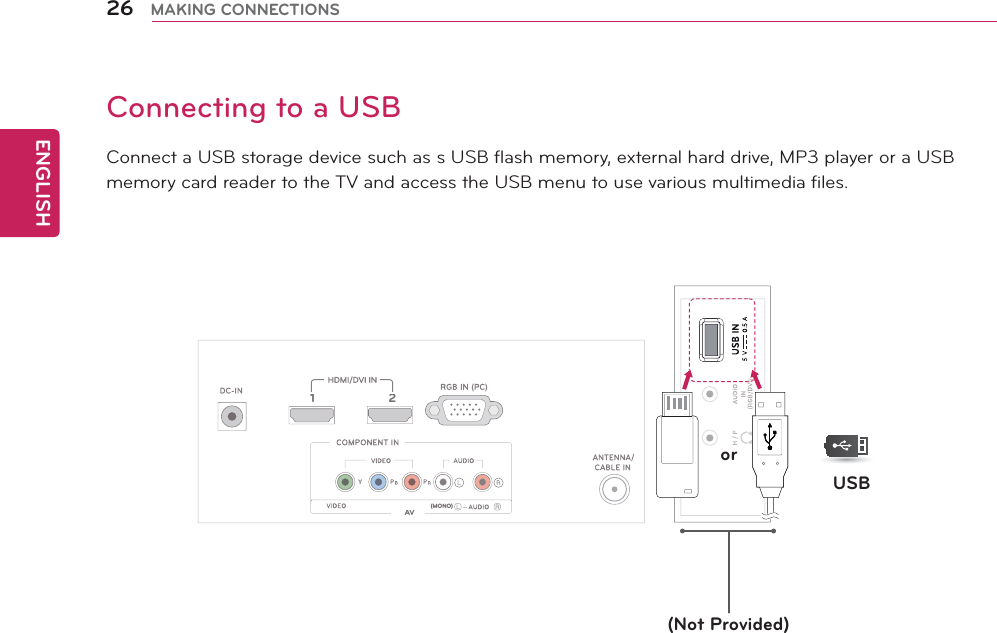ENGLISH26 MAKING CONNECTIONS12AV(MONO)Connecting to a USBConnect a USB storage device such as s USB flash memory, external hard drive, MP3 player or a USB memory card reader to the TV and access the USB menu to use various multimedia files. orUSB(Not Provided)