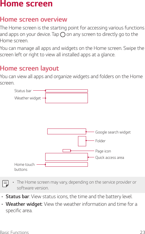 Basic Functions 23Home screenHome screen overviewThe Home screen is the starting point for accessing various functions and apps on your device. Tap   on any screen to directly go to the Home screen.You can manage all apps and widgets on the Home screen. Swipe the screen left or right to view all installed apps at a glance.Home screen layoutYou can view all apps and organize widgets and folders on the Home screen.Status barWeather widgetGoogle search widgetPage iconHome touch buttonsQuick access areaFolder• The Home screen may vary, depending on the service provider or software version.• Status bar: View status icons, the time and the battery level.• Weather widget: View the weather information and time for a specific area.