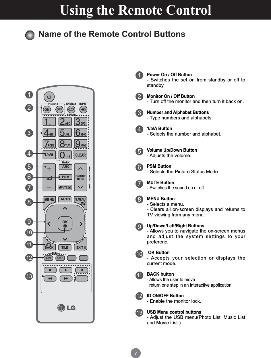 7Using the Remote ControlName of the Remote Control Buttons12534769813121110Power On / Off Button- Switches the set on from standby or off to standby.Monitor On / Off Button- Turn off the monitor and then turn it back on.Number and Alphabet Buttons- Type numbers and alphabets.1/a/A Button- Selects the number and alphabet.Volume Up/Down Button- Adjusts the volume.PSM Button- Selects the Picture Status Mode.MUTE Button- Switches the sound on or off.MENU Button- Selects a menu.- Clears all on-screen displays and returns to TV viewing from any menu.Up/Down/Left/Right Buttons- Allows you to navigate the on-screen menus and adjust the system settings to your preferenc. OK Button- Accepts your selection or displays the current mode.BACK button- Allows the user to move   return one step in an interactive application.ID ON/OFF Button- Enable the monitor lock.USB Menu control buttons- Adjust the USB menu(Photo List, Music List and Movie List ).PAGEINPUTENERGYSAVINGMARKARCONOFF. , !ABCDFGGHIJKLMNOPQRSTUV1/a/A- * #WXYZCLEAROKS.MENUMONITORPSMAUTOMUTEBRIGHTNESSMENUIDBACK TILEON OFFEXIT12547698131211103