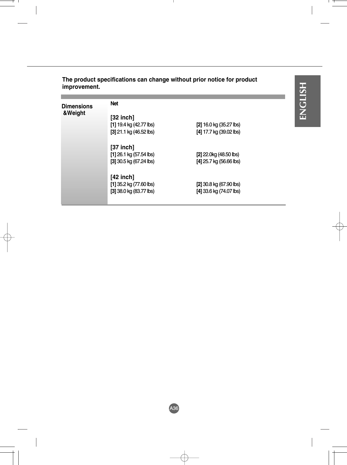 A36ENGLISHDimensions&amp;WeightNet[32 inch][1] 19.4 kg (42.77 lbs) [2] 16.0 kg (35.27 lbs)[3] 21.1 kg (46.52 lbs) [4] 17.7 kg (39.02 lbs)[37 inch][1] 26.1 kg (57.54 lbs) [2] 22.0kg (48.50 lbs)[3] 30.5 kg (67.24 lbs) [4] 25.7 kg (56.66 lbs)[42 inch][1] 35.2 kg (77.60 lbs) [2] 30.8 kg (67.90 lbs)[3] 38.0 kg (83.77 lbs) [4] 33.6 kg (74.07 lbs)The product specifications can change without prior notice for product improvement.