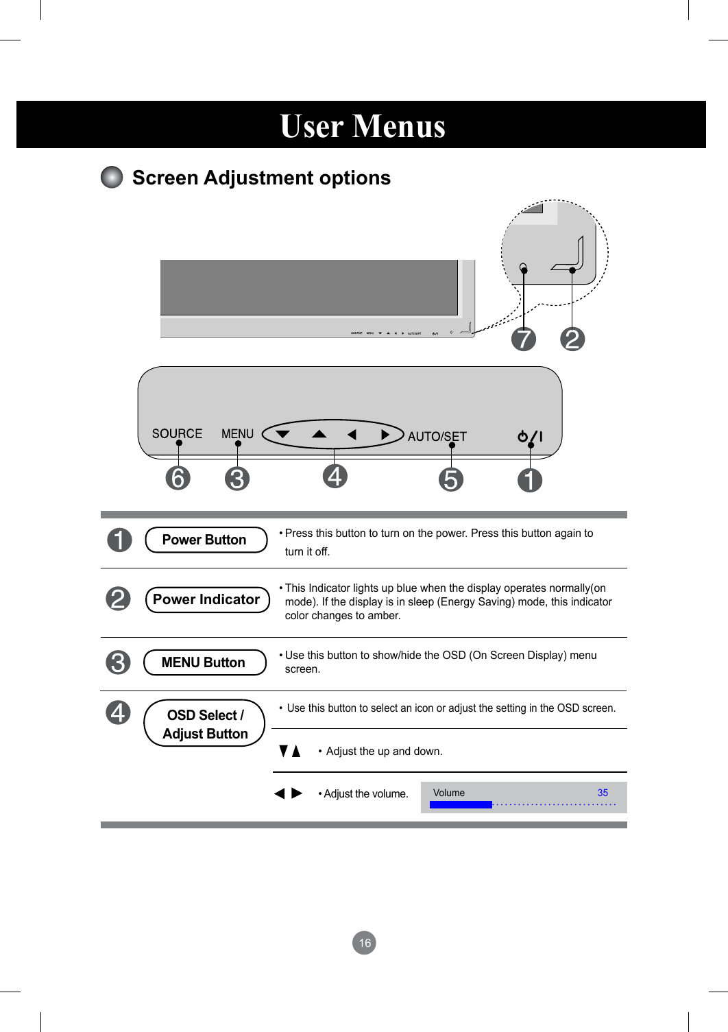 16User MenusScreen Adjustment options• Press this button to turn on the power. Press this button again to turn it off.• This Indicator lights up blue when the display operates normally(on mode). If the display is in sleep (Energy Saving) mode, this indicator color changes to amber.Power Button• Adjust the volume.• Adjust the up and down.• Use this button to show/hide the OSD (On Screen Display) menu screen.MENU Button•  Use this button to select an icon or adjust the setting in the OSD screen.OSD Select /Adjust ButtonPower IndicatorVolume 35