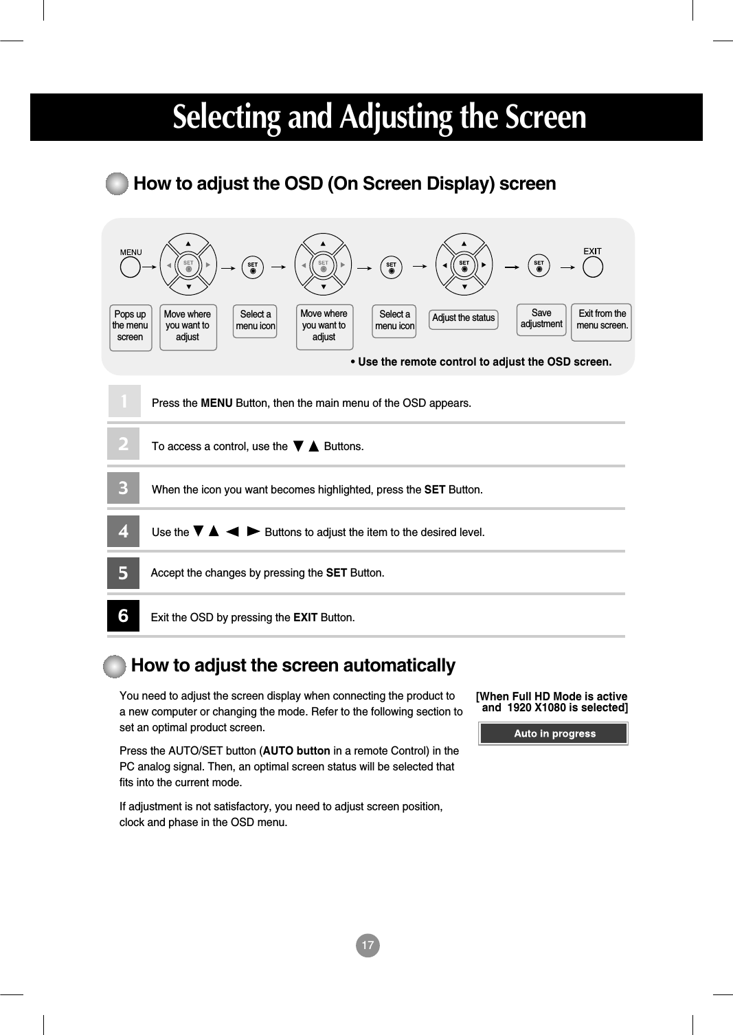 17How to adjust the OSD (On Screen Display) screen• Use the remote control to adjust the OSD screen.How to adjust the screen automaticallyYou need to adjust the screen display when connecting the product toa new computer or changing the mode. Refer to the following section toset an optimal product screen.Press the AUTO/SET button (AUTO button in a remote Control) in thePC analog signal. Then, an optimal screen status will be selected thatfits into the current mode.If adjustment is not satisfactory, you need to adjust screen position,clock and phase in the OSD menu.Press the MENU Button, then the main menu of the OSD appears.To access a control, use the            Buttons. When the icon you want becomes highlighted, press the SET Button.Use the                         Buttons to adjust the item to the desired level.Accept the changes by pressing the SET Button.Exit the OSD by pressing the EXIT Button.123456Pops upthe menuscreenMove whereyou want toadjustMove whereyou want toadjustSelect amenu iconSelect amenu icon Adjust the status SaveadjustmentExit from themenu screen.Selecting and Adjusting the Screen[When Full HD Mode is activeand  1920 X1080 is selected]
