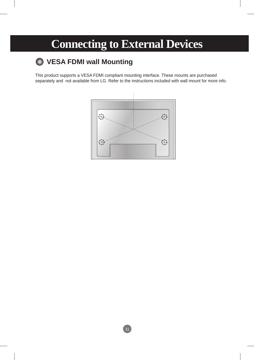 1111Connecting to External DevicesVESA FDMI wall MountingThis product supports a VESA FDMI compliant mounting interface. These mounts are purchased separately and  not available from LG. Refer to the instructions included with wall mount for more info.