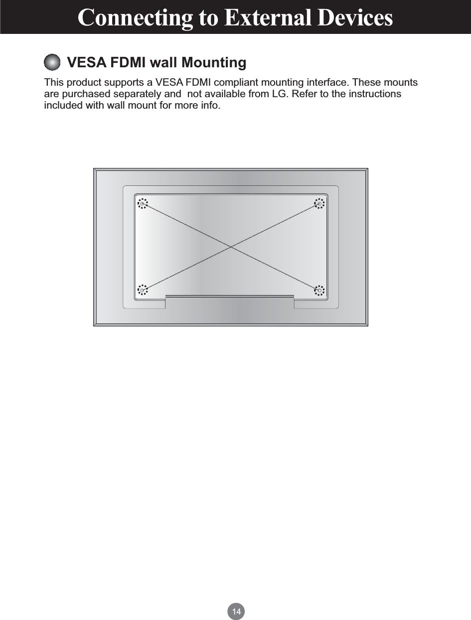14This product supports a VESA FDMI compliant mounting interface. These mounts are purchased separately and  not available from LG. Refer to the instructions included with wall mount for more info.Connecting to External DevicesVESA FDMI wall Mounting