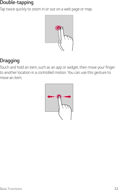 Basic Functions 32Double-tapping  Tap twice quickly to zoom in or out on a web page or map.  DraggingTouch and hold an item, such as an app or widget, then move your finger to another location in a controlled motion. You can use this gesture to move an item.  
