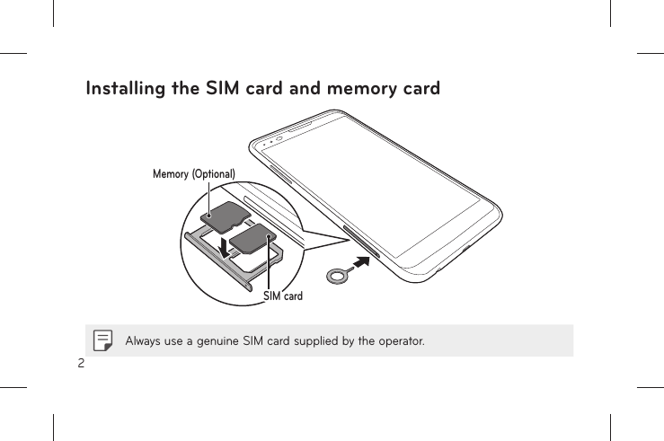 2Installing the SIM card and memory cardSIM cardSIM cardMemory (Optional)Always use a genuine SIM card supplied by the operator.