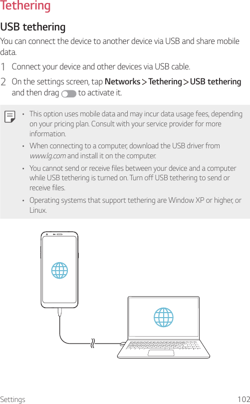 Settings 102TetheringUSB tetheringYou can connect the device to another device via USB and share mobile data.1  Connect your device and other devices via USB cable.2  On the settings screen, tap Networks   Tethering   USB tethering and then drag   to activate it.• This option uses mobile data and may incur data usage fees, depending on your pricing plan. Consult with your service provider for more information.• When connecting to a computer, download the USB driver from www.lg.com and install it on the computer.• You cannot send or receive files between your device and a computer while USB tethering is turned on. Turn off USB tethering to send or receive files.• Operating systems that support tethering are Window XP or higher, or Linux.