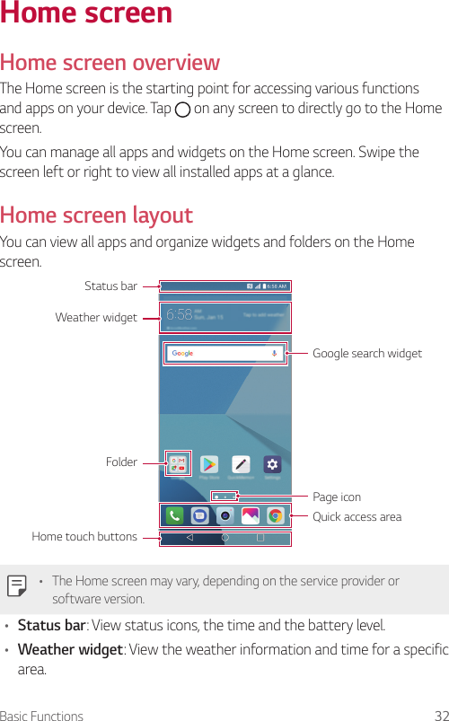Basic Functions 32Home screenHome screen overviewThe Home screen is the starting point for accessing various functions and apps on your device. Tap   on any screen to directly go to the Home screen.You can manage all apps and widgets on the Home screen. Swipe the screen left or right to view all installed apps at a glance.Home screen layoutYou can view all apps and organize widgets and folders on the Home screen.Quick access areaHome touch buttonsFolderStatus barWeather widgetPage iconGoogle search widget• The Home screen may vary, depending on the service provider or software version.• Status bar: View status icons, the time and the battery level.• Weather widget: View the weather information and time for a specific area.