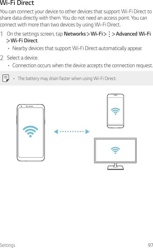 Settings 97Wi-Fi DirectYou can connect your device to other devices that support Wi-Fi Direct to share data directly with them. You do not need an access point. You can connect with more than two devices by using Wi-Fi Direct.1  On the settings screen, tap Networks   Wi-Fi       Advanced Wi-Fi  Wi-Fi Direct.• Nearby devices that support Wi-Fi Direct automatically appear.2  Select a device.• Connection occurs when the device accepts the connection request.• The battery may drain faster when using Wi-Fi Direct.