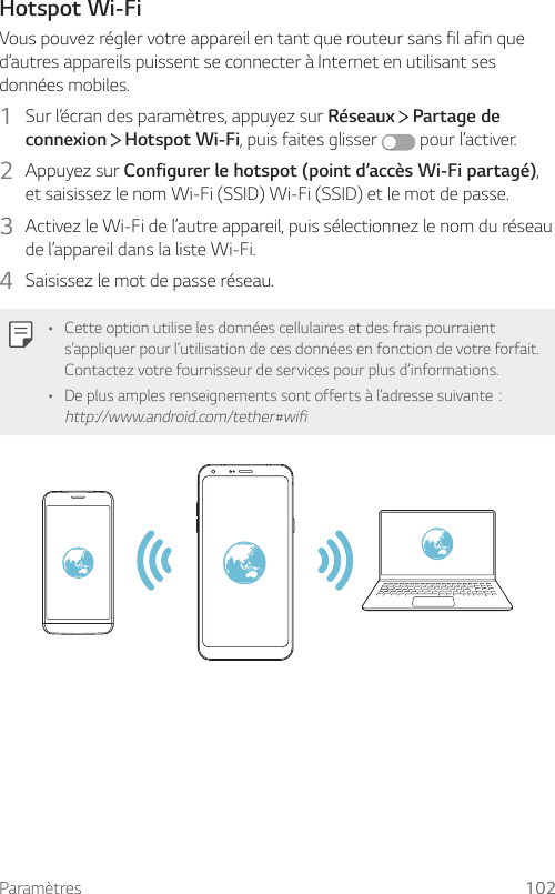 Paramètres 102Hotspot Wi-FiVous pouvez régler votre appareil en tant que routeur sans fil afin que d’autres appareils puissent se connecter à Internet en utilisant ses données mobiles.1  Sur l’écran des paramètres, appuyez sur Réseaux   Partage de connexion  Hotspot Wi-Fi, puis faites glisser   pour l’activer.2  Appuyez sur Configurer le hotspot (point d’accès Wi-Fi partagé), et saisissez le nom Wi-Fi (SSID) Wi-Fi (SSID) et le mot de passe.3  Activez le Wi-Fi de l’autre appareil, puis sélectionnez le nom du réseau de l’appareil dans la liste Wi-Fi.4  Saisissez le mot de passe réseau.• Cette option utilise les données cellulaires et des frais pourraient s’appliquer pour l’utilisation de ces données en fonction de votre forfait. Contactez votre fournisseur de services pour plus d’informations.• Deplusamplesrenseignementssontoffertsàl’adressesuivante:http://www.android.com/tether#wifi