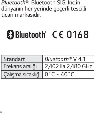 72Bluetooth®, Bluetooth SIG, Inc.in E»OZBOðOIFSZFSJOEFHF¦FSMJUFTDJMMJUJDBSJNBSLBTðEðSStandart Bluetooth®7&apos;SFLBOTBSBMðÞðJMB()[BMðĝNBTðDBLMðÞðŊ$_Ŋ$