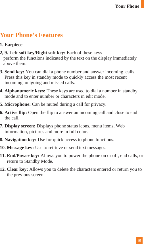15Your Phone’s Features1. Earpiece2, 9. Left soft key/Right soft key: Each of these keysperform the functions indicated by the text on the display immediatelyabove them.3. Send key: You can dial a phone number and answer incoming  calls.Press this key in standby mode to quickly access the most recentincoming, outgoing and missed calls.4. Alphanumeric keys: These keys are used to dial a number in standbymode and to enter number or characters in edit mode.5. Microphone: Can be muted during a call for privacy. 6. Active flip: Open the flip to answer an incoming call and close to endthe call.7. Display screen: Displays phone status icons, menu items, Webinformation, pictures and more in full color.8. Navigation key: Use for quick access to phone functions.10. Message key: Use to retrieve or send text messages.11. End/Power key: Allows you to power the phone on or off, end calls, orreturn to Standby Mode.12. Clear key: Allows you to delete the characters entered or return you tothe previous screen.Your Phone