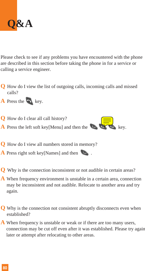 Please check to see if any problems you have encountered with the phoneare described in this section before taking the phone in for a service orcalling a service engineer.QHow do I view the list of outgoing calls, incoming calls and missedcalls?APress the key.QHow do I clear all call history?APress the left soft key[Menu] and then the key.QHow do I view all numbers stored in memory?APress right soft key[Names] and then .QWhy is the connection inconsistent or not audible in certain areas?AWhen frequency environment is unstable in a certain area, connectionmay be inconsistent and not audible. Relocate to another area and tryagain.QWhy is the connection not consistent abruptly disconnects even whenestablished?A When frequency is unstable or weak or if there are too many users,connection may be cut off even after it was established. Please try againlater or attempt after relocating to other areas.Q&amp;A80