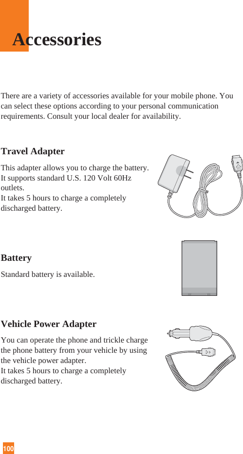 100There are a variety of accessories available for your mobile phone. Youcan select these options according to your personal communicationrequirements. Consult your local dealer for availability.Travel AdapterThis adapter allows you to charge the battery. It supports standard U.S. 120 Volt 60Hzoutlets. It takes 5 hours to charge a completelydischarged battery.BatteryStandard battery is available.Vehicle Power Adapter You can operate the phone and trickle chargethe phone battery from your vehicle by usingthe vehicle power adapter. It takes 5 hours to charge a completelydischarged battery.Accessories