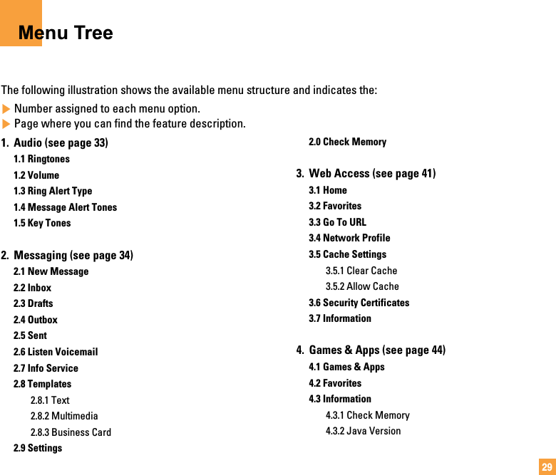 29Menu TreeThe following illustration shows the available menu structure and indicates the:]Number assigned to each menu option.]Page where you can find the feature description.1. Audio (see page 33)1.1 Ringtones1.2 Volume1.3 Ring Alert Type1.4 Message Alert Tones1.5 Key Tones2. Messaging (see page 34)2.1 New Message2.2 Inbox2.3 Drafts2.4 Outbox2.5 Sent2.6 Listen Voicemail2.7 Info Service2.8 Templates2.8.1 Text2.8.2 Multimedia2.8.3 Business Card2.9 Settings2.0 Check Memory3. Web Access (see page 41)3.1 Home3.2 Favorites3.3 Go To URL3.4 Network Profile3.5 Cache Settings3.5.1 Clear Cache3.5.2 Allow Cache3.6 Security Certificates3.7 Information4. Games &amp; Apps (see page 44)4.1 Games &amp; Apps4.2 Favorites4.3 Information4.3.1 Check Memory4.3.2 Java Version