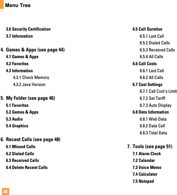 30Menu Tree3.6 Security Certification3.7 Information4. Games &amp; Apps (see page 44)4.1 Games &amp; Apps4.2 Favorites4.3 Information4.3.1 Check Memory4.3.2 Java Version5. My Folder (see page 46)5.1 Favorites5.2 Games &amp; Apps5.3 Audio5.4 Graphics6. Recent Calls (see page 48)6.1 Missed Calls6.2 Dialed Calls6.3 Received Calls6.4 Delete Recent Calls6.5 Call Duration6.5.1 Last Call6.5.2 Dialed Calls6.5.3 Received Calls6.5.4 All Calls6.6 Call Costs6.6.1 Last Call6.6.2 All Calls6.7 Cost Settings6.7.1 Call Cost&apos;s Limit6.7.2 Set Tariff6.7.3 Auto Display6.8 Data Information 6.8.1 Web Data6.8.2 Data Call6.8.3 Total Data7. Tools (see page 51)7.1 Alarm Clock7.2 Calendar7.3 Voice Memo7.4 Calculator7.5 Notepad