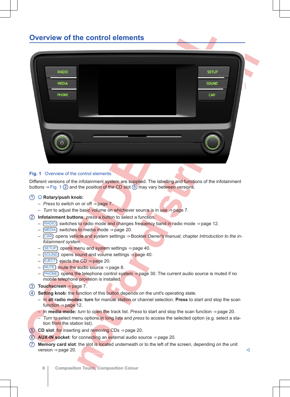  CONFIDENTIAL not for distribution Overview of the control elementsFig. 1  Overview of the control elementsDifferent versions of the infotainment system are supplied. The labelling and functions of the infotainmentbuttons ⇒ Fig. 1  2 and the position of the CD slot  5 may vary between versions. Rotary/push knob:–Press to switch on or off ⇒ page 7.–Turn to adjust the basic volume on whichever source is in use ⇒ page 7.Infotainment buttons: press a button to select a function.–RADIO : switches to radio mode and changes frequency band in radio mode ⇒ page 12.–MEDIA : switches to media mode ⇒ page 20.–CAR : opens vehicle and system settings ⇒ Booklet Owner&apos;s manual, chapter Introduction to the in-fotainment system.–SETUP : opens menu and system settings ⇒ page 40.–SOUND : opens sound and volume settings ⇒ page 40.–EJECT : ejects the CD ⇒ page 20.–MUTE : mute the audio source ⇒ page 8.–PHONE : opens the telephone control system ⇒ page 30. The current audio source is muted if nomobile telephone provision is installed.Touchscreen ⇒ page 7.Setting knob: the function of this button depends on the unit&apos;s operating state.– In all radio modes: turn for manual station or channel selection. Press to start and stop the scanfunction ⇒ page 12.– In media mode: turn to open the track list. Press to start and stop the scan function ⇒ page 20.–Turn to select menu options in long lists and press to access the selected option (e.g. select a sta-tion from the station list).CD slot: for inserting and removing CDs ⇒ page 20.AUX-IN socket: for connecting an external audio source ⇒ page 20.Memory card slot: the slot is located underneath or to the left of the screen, depending on the unitversion ⇒ page 20. 1234567Composition Touch, Composition Colour6