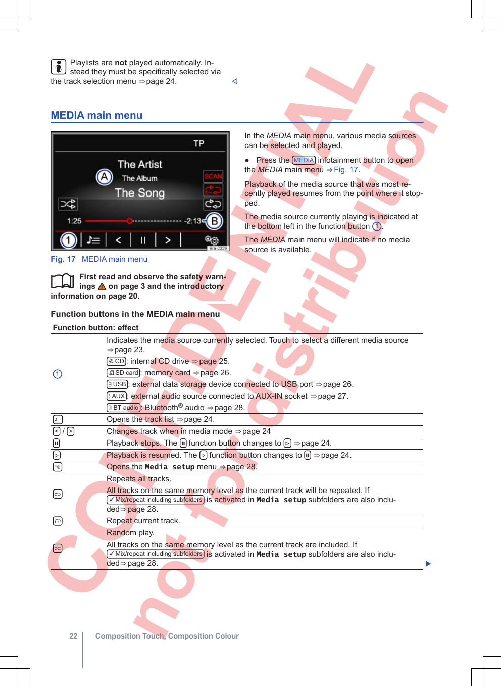  CONFIDENTIAL not for distribution Playlists are not played automatically. In-stead they must be specifically selected viathe track selection menu ⇒ page 24. MEDIA main menuFig. 17  MEDIA main menuFirst read and observe the safety warn-ings   on page 3 and the introductoryinformation on page 20.In the MEDIA main menu, various media sourcescan be selected and played.● Press the  MEDIA  infotainment button to openthe MEDIA main menu ⇒ Fig. 17.Playback of the media source that was most re-cently played resumes from the point where it stop-ped.The media source currently playing is indicated atthe bottom left in the function button  1.The MEDIA main menu will indicate if no mediasource is available.Function buttons in the MEDIA main menuFunction button: effect1Indicates the media source currently selected. Touch to select a different media source⇒ page 23. CD : internal CD drive ⇒ page 25. SD card : memory card ⇒ page 26. USB : external data storage device connected to USB port ⇒ page 26. AUX : external audio source connected to AUX-IN socket ⇒ page 27. BT audio : Bluetooth® audio ⇒ page 28.Opens the track list ⇒ page 24.&lt; /  &gt;Changes track when in media mode ⇒ page 24Playback stops. The   function button changes to   ⇒ page 24.Playback is resumed. The   function button changes to   ⇒ page 24.Opens the Media setup menu ⇒ page 28.Repeats all tracks.All tracks on the same memory level as the current track will be repeated. If Mix/repeat including subfolders  is activated in Media setup subfolders are also inclu-ded⇒ page 28.Repeat current track.Random play.All tracks on the same memory level as the current track are included. If Mix/repeat including subfolders  is activated in Media setup subfolders are also inclu-ded⇒ page 28. Composition Touch, Composition Colour22