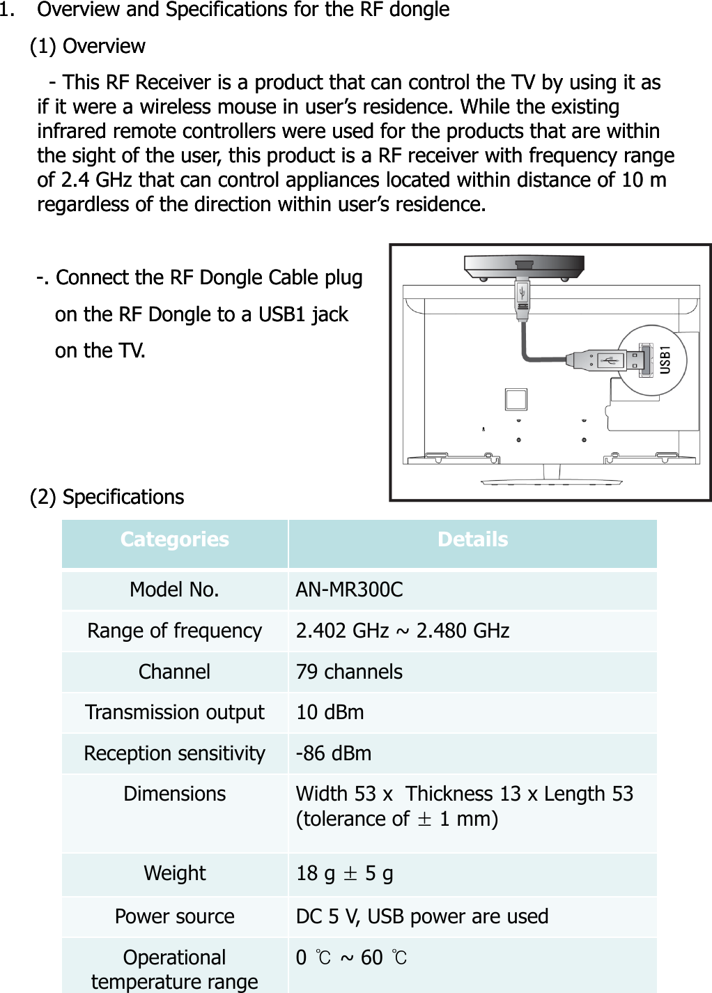 1.1. Overview and Specifications for the RF dongleOverview and Specifications for the RF dongle(1) Overview(1) Overview-- This RF Receiver is a product that can control the TV by using it as This RF Receiver is a product that can control the TV by using it as if it were a wireless mouse in user’s residence. While the existing  if it were a wireless mouse in user’s residence. While the existing  infrared remote controllers were used for the products that are within infrared remote controllers were used for the products that are within the sight of the user, this product is a RF receiver with frequency range the sight of the user, this product is a RF receiver with frequency range of 2.4 GHz that can control appliances located within distance of 10 m of 2.4 GHz that can control appliances located within distance of 10 m regardless of the direction within user’s residence. regardless of the direction within user’s residence. CtthRFDlCbllCtthRFDlCbll--. Connect the RF Dongle Cable plug . Connect the RF Dongle Cable plug on the RF Dongle to a USB1 jackon the RF Dongle to a USB1 jackon the TV.on the TV.(2) Specifications(2) SpecificationsCategories DetailsModel No. AN-MR300CRange of frequency 2.402 GHz ~ 2.480 GHzChannel 79 channelsTransmission output10dBmTransmission output10 dBmReception sensitivity -86 dBmDimensions Width 53 x Thickness 13 x Length 53 (tolerance of ±1 mm) Wiht18±5Weight18 g ±5 g Power source DC 5 V, USB power are usedOperational temperature range 0 ℃~ 60 ℃