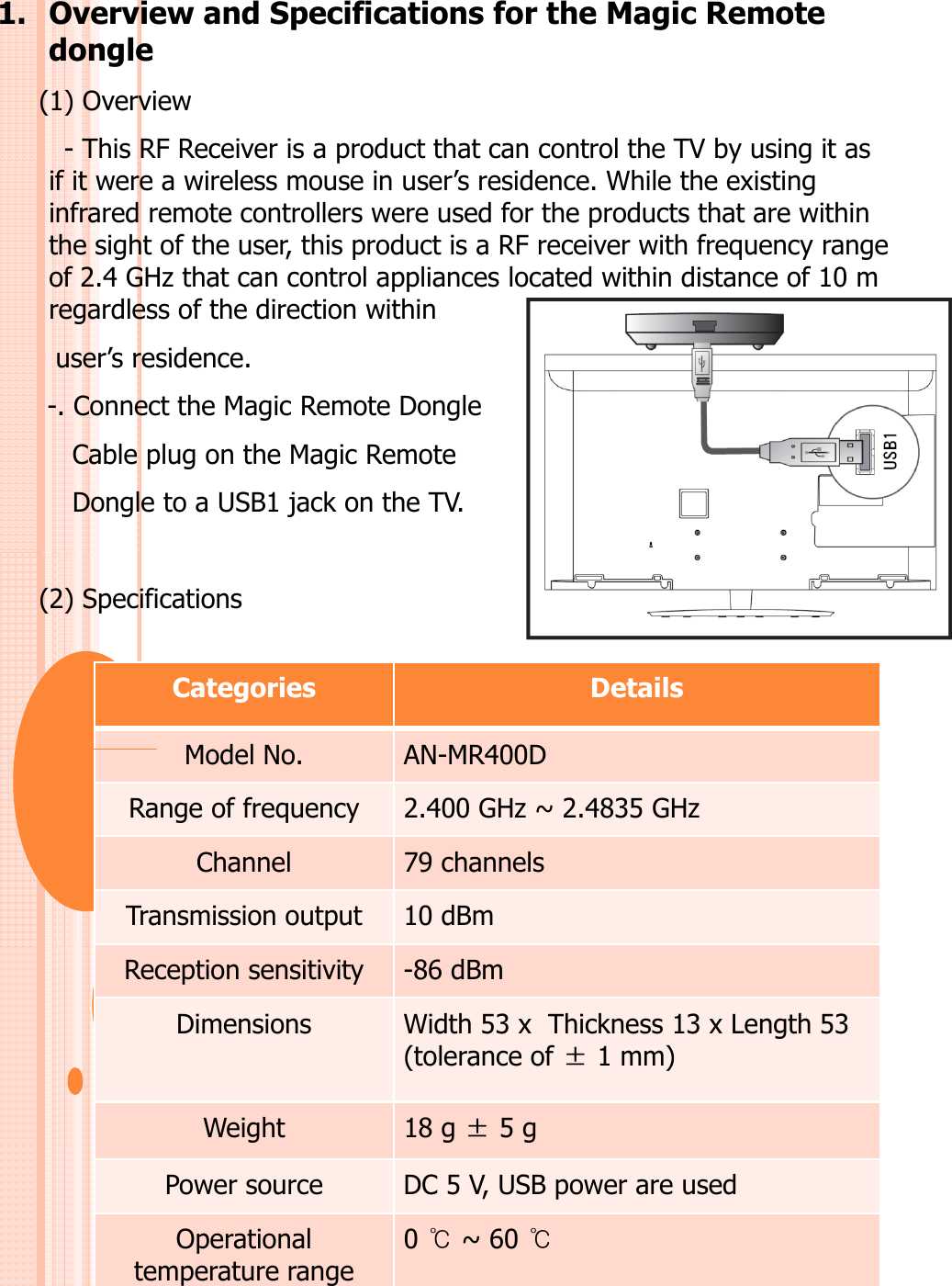 1. Overview and Specifications for the Magic Remote dongle(1) Overview-This RF Receiver is a product that can control the TV by using it as ssapoduaaoobyusgasif it were a wireless mouse in user’s residence. While the existing  infrared remote controllers were used for the products that are within the sight of the user, this product is a RF receiver with frequency range of 2.4 GHz that can control appliances located within distance of 10 m regardless of the direction within user’s residenceuser s residence. -. Connect the Magic Remote Dongle Cable plug on the Magic Remote Dongle to a USB1 jack on the TV.(2) SpecificationsCategories DetailsModel NoANMR400DModel No.AN-MR400DRange of frequency 2.400 GHz ~ 2.4835 GHzChannel 79 channelsTransmission output 10 dBmReception sensitivity -86 dBmDimensions Width 53 x Thickness 13 x Length 53 (tolerance of ±1 mm) Weight 18 g ±5 g ggPower source DC 5 V, USB power are usedOperational temperature range 0 ~ 60 